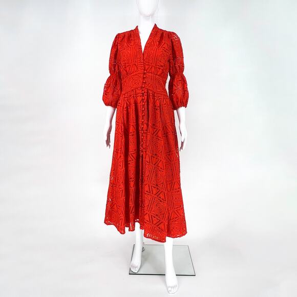 Cult Gaia Willow Guipure Lace Midi Dress Red Madeira Puff Sleeve Size M - Picture 2 of 7